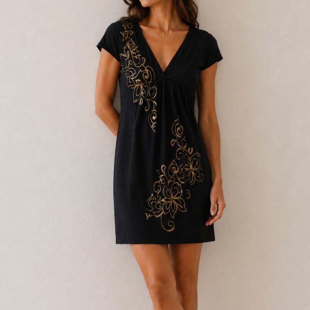 Vintage 90s/Y2K Cache Mini Dress Babydoll Black Gold V-Neck Size Medium